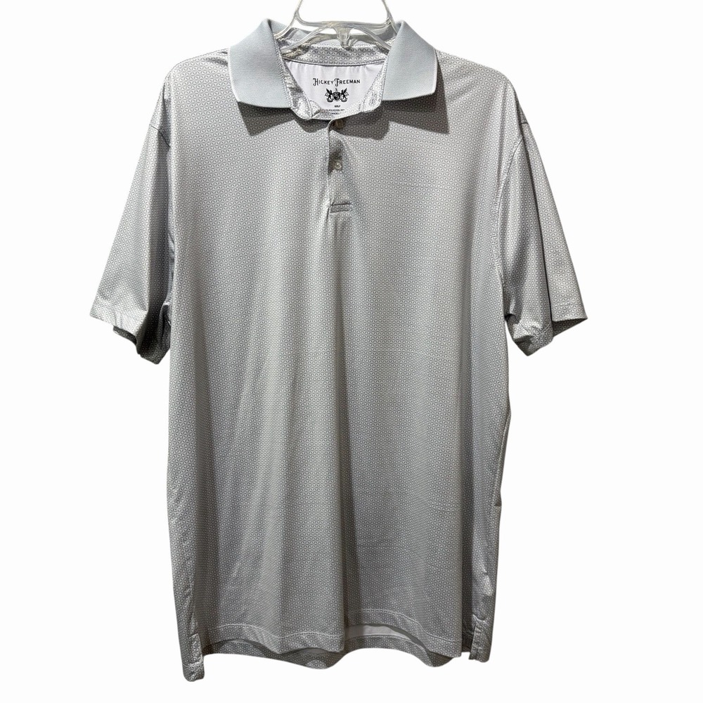 Hickey‎ Freeman Golf Polo Shirt Size Large Gray White Geometric Poly Blend
